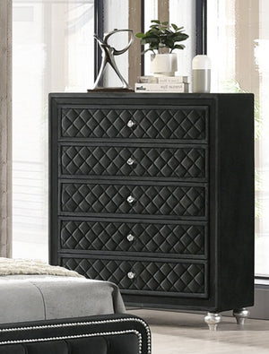 English Elm 1pc Cameo 5-Drawer Chest Velvet Tufted Front with Faux Crystal Knobs Gray Wood Finish, Stylish Storage Black 42.52 L x 18.11 W x 47.24 H B2741P329272