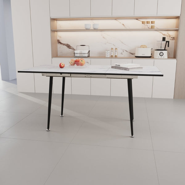 English Elm 47"-63" Extendable Marble Print Dining Set Four Suede Chairs Modern White Mdf Table W2189S00929