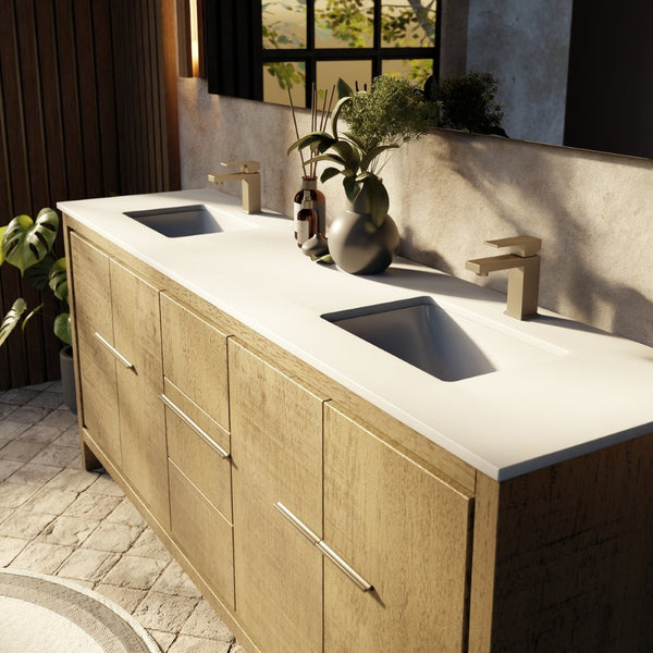 English Elm Rustic Acacia Double Bath Vanity With White Quartz Top & Gun Metal Faucet – Stylish Storage Solution! B2731P259232-GIGA