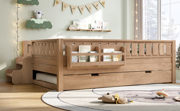 English Elm Twin Kids Platform Bed with Trundle Staircase Bookshelf and Rounded Safety Rails Natural W1580S00561
