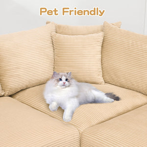 English Elm 130" Oversized Modular L-Shaped Sectional Couch In Cozy Camel Corduroy With Ottoman & 9 Pillows W714S01308