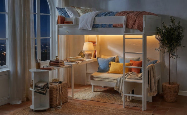 English Elm Full Size Loft Bed with Rotating Desk Led Lighting Sofa and Bookshelf Storage White LT000200AAK