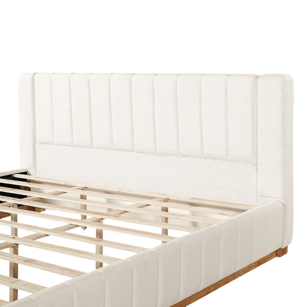 English Elm Modern, Beige Upholstered King Platform Bed Quilted Fabric Headboard Rubberwood Frame N769K360701A