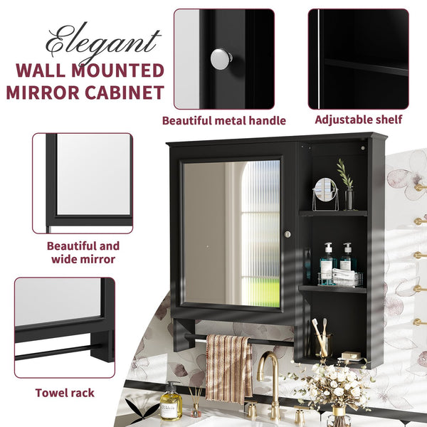 English Elm Wall Mounted Bathroom Storage Cabinet with Large Mirror, Adjustable Shelves, Towel Rack & Durable MDF Black N729P180116B