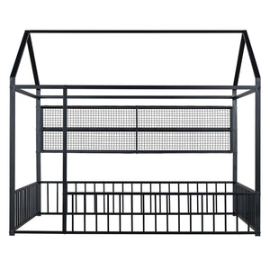 English Elm Full Metal House Bed Frame Full Size with Built-In Fence and 4 Grid Shelves for Durable Storage and Style Black N737P175361B