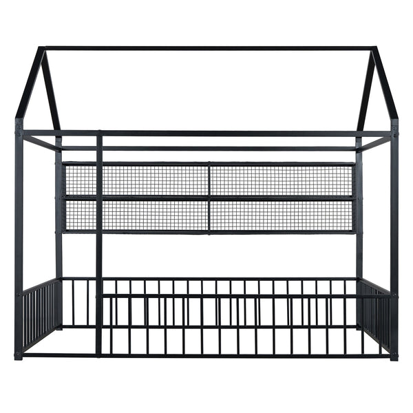 English Elm Full Metal House Bed Frame Full Size with Built-In Fence and 4 Grid Shelves for Durable Storage and Style Black N737P175361B