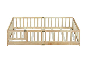 English Elm Full Size Rubber Wood Floor Bed with Surrounding Fence Door and Safety Guardrails W504P370522