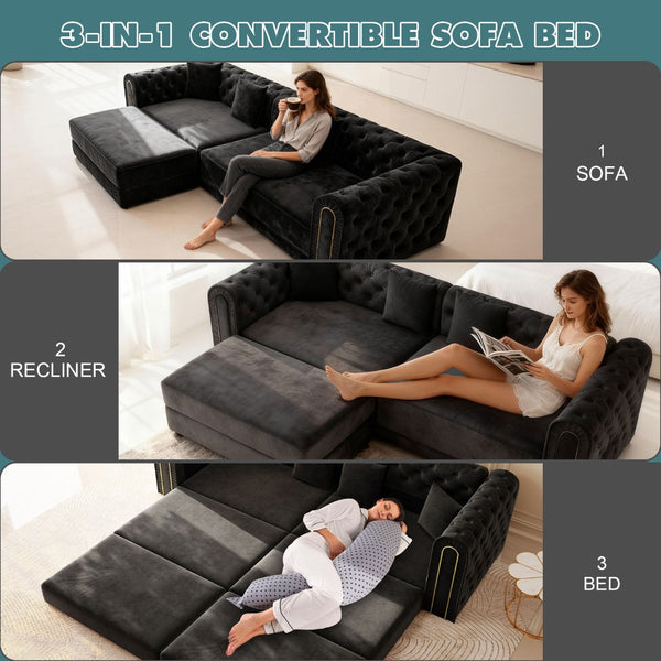 English Elm 90.2" Plush Teddy Fabric Convertible Sleeper Sofa with Hidden Storage for Living Room Black W1885S00243