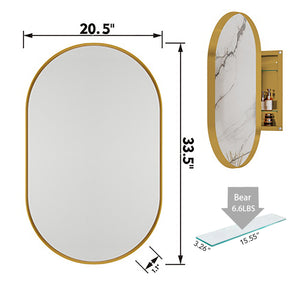 English Elm 20x34 Oval Recessed Gold Medicine Cabinet with Mirror, Metal Frame, Adjustable Shelves, Lux Bath Appeal W1435P210490