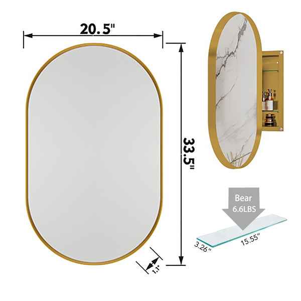 English Elm 20x34 Oval Recessed Gold Medicine Cabinet with Mirror, Metal Frame, Adjustable Shelves, Lux Bath Appeal W1435P210490