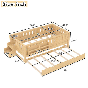English Elm Twin Kids Platform Bed with Trundle Staircase Bookshelf and Rounded Safety Rails Light Natural W1580S00557
