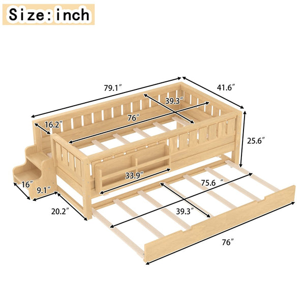 English Elm Twin Kids Platform Bed with Trundle Staircase Bookshelf and Rounded Safety Rails Light Natural W1580S00557