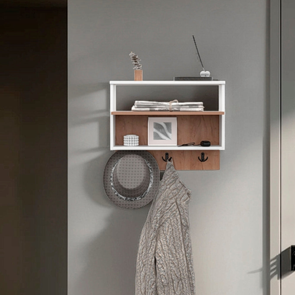 English Elm White Wall-Mounted Organizer in Natural Oak Finish with 3 Hooks and Open Shelf for Entryway Storage B062P380040