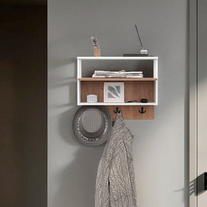 English Elm White Wall-Mounted Organizer in Natural Oak Finish with 3 Hooks and Open Shelf for Entryway Storage B062P380040