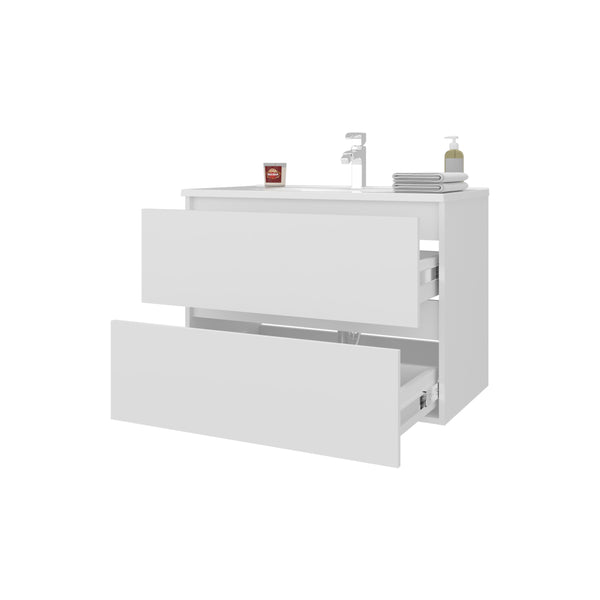 English Elm Smoot Floating Vanity Wall-Mount with Sink, 2 Soft-Close Drawers, Scratch-Resistant White 31.5" B128P314803