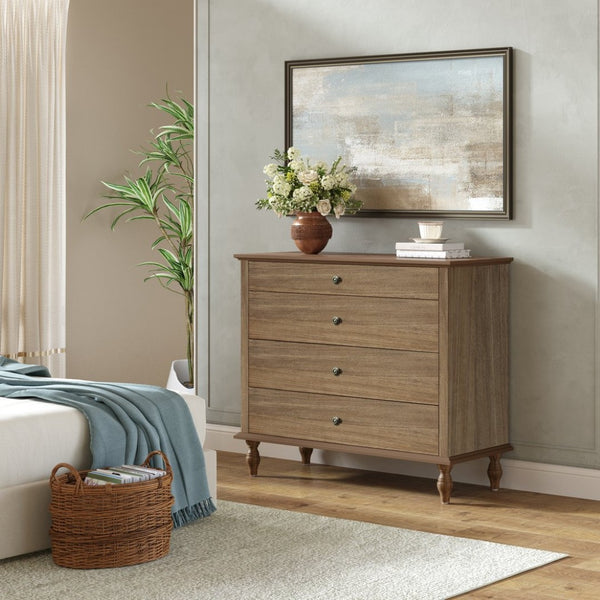 English Elm Large Antique Style 4-drawer Chest with Crown Molding Roman Legs Bedroom Storage Natural & Light Brown,Rustic Brown W1445P422421