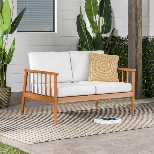 English Elm Walker Edison - Contemporary Eucalyptus Wood Patio Loveseat with Cushions, Rot-Resistant, Minimalist Spindle Design, Brown B185P169178