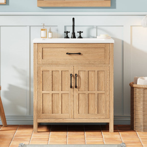 English Elm 30" Solid Pine Bathroom Vanity with Resin Sink Soft Close Doors and Natural Grain Finish N710P405952P