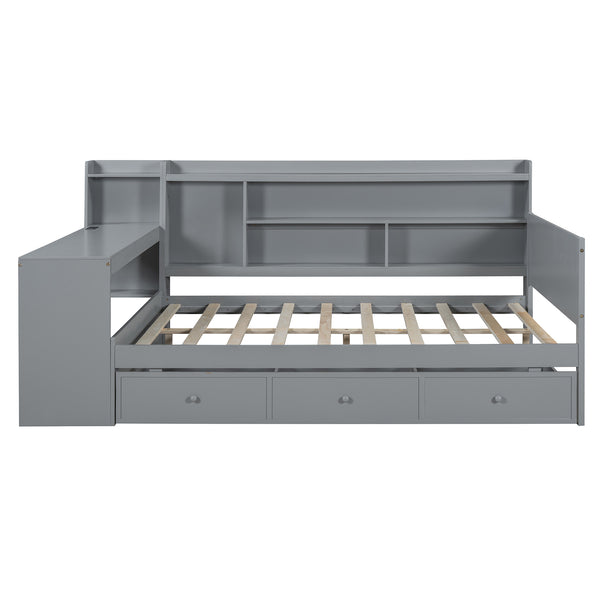 English Elm Full Size Wooden Daybed With 3 Storage Drawers, Built-In Desk & Usb Ports – Gray, Space-Saving Design N820S00018E