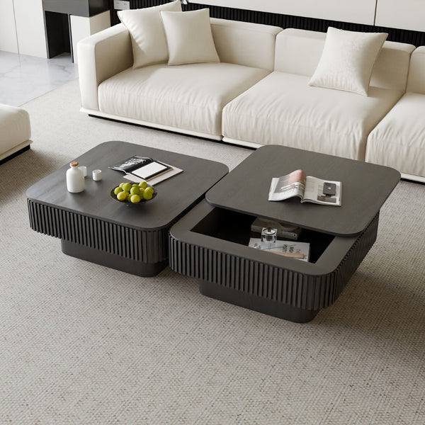 English Elm 31.5'' Square Wood Veneer Flip Top Storage Coffee Table with Slat Detail for Living Rooms Black W1435P375247