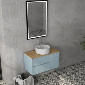 English Elm 36-Inch Wall-Mounted Bathroom Vanity With Blue Cabinet, Natural Wood Top & Round Ceramic Sink Design W3151S00011