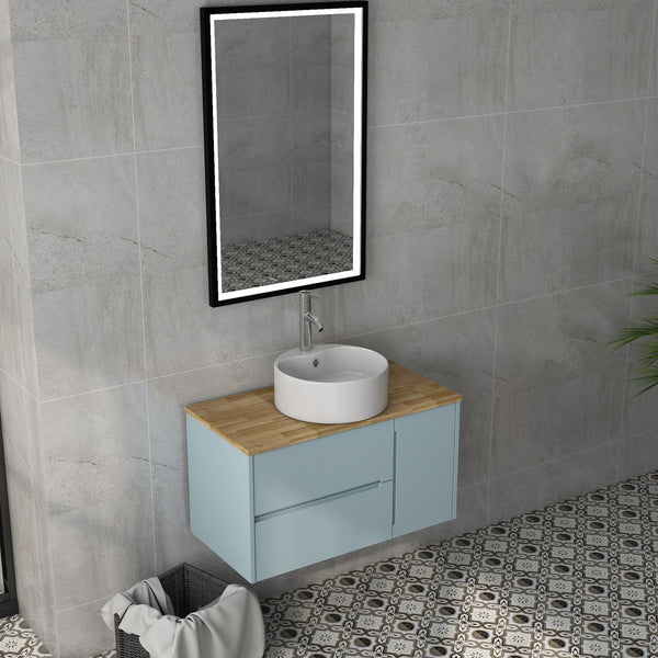 English Elm 36-Inch Wall-Mounted Bathroom Vanity With Blue Cabinet, Natural Wood Top & Round Ceramic Sink Design W3151S00011