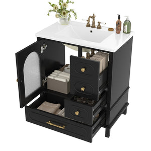 English Elm 30" Freestanding Bathroom Vanity Solid Wood Cabinet Ceramic Basin 3 Drawer Storage Black W1580P382511