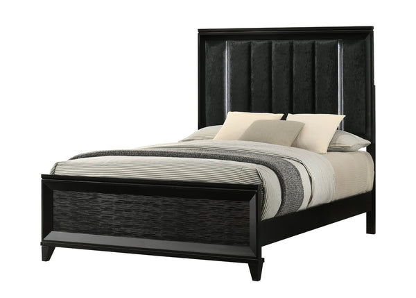 English Elm Simple Full Platform Bed Tufted Headboard with Led Lighting Shelves White Wash Finish B2741S00913