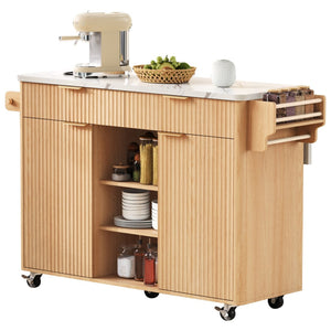 English Elm K&k Fluted Rolling Kitchen Island Faux Marble Top Power Outlet Drop Leaf Storage Natural N707S000019Y