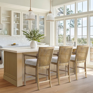 JLA Home Madison Park - Reclaimed Diedra Counter Stool with Natural Rattan Back, Upholstered Foam Seat & Bronze Kickplate MP104-1239