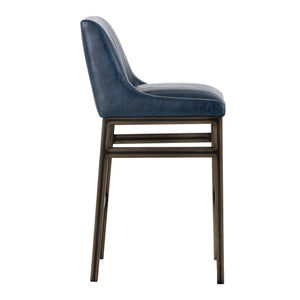 Sunpan Halden Urban Bar Stool with Bold Channel Tufting and Rustic Bronze Steel Frame for Stylish Spaces Vintage Blue