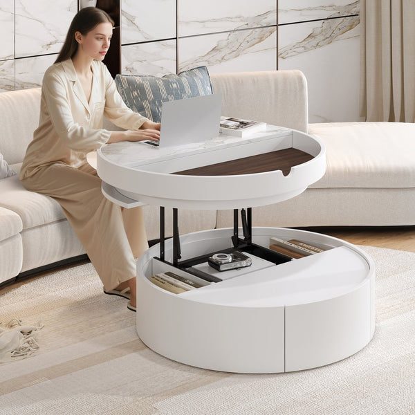 English Elm White Round Lift Coffee Table 29.5" with Marble-Wood Grain Top, Hidden Drawer Storage, Modern Durable Design N735P332429K