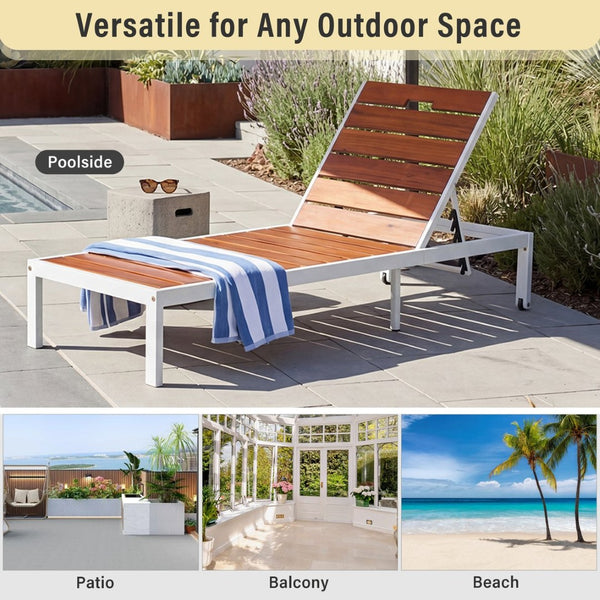 English Elm Outdoor Acacia Wood Slat Chaise Lounge with Powder Coated Frame for Patio Resort Brown,White N719P383161K