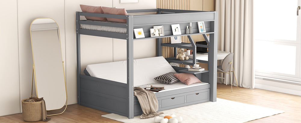 English Elm Wood Full Size Convertible Bunk Bed with Staircase Storage, Bedside Table and 3 Large Drawers, Durable Pine Finish Gray GX000335AAE-1