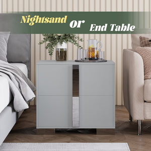 English Elm Modern Two Drawer Nightstand with Slim Metal Legs and Mirrored Bar Handles for Bedroom Grey W5271P416539