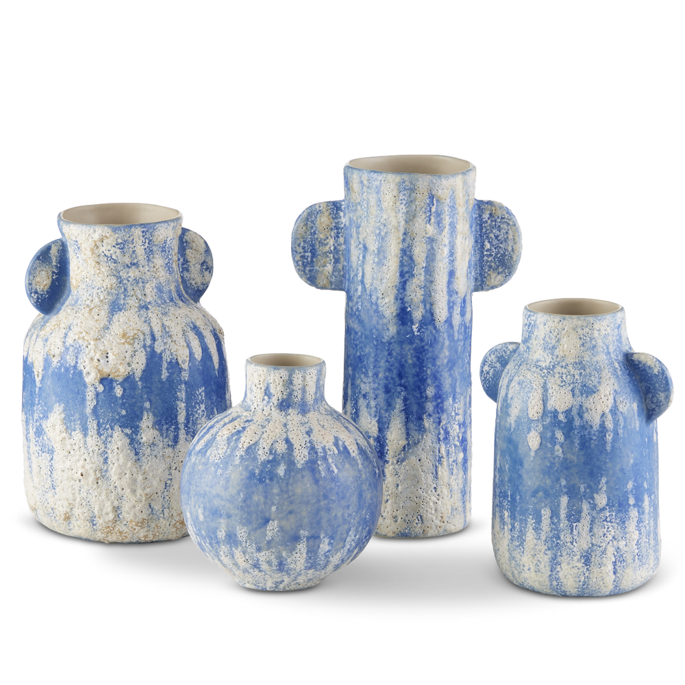 Paros Blue Vase Set of 4 - Artisan Crafted Mediterranean Decor with Reactive Glaze & Coastal Charm