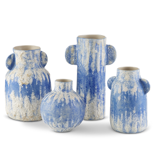 Paros Blue Vase Set of 4 - Artisan Crafted Mediterranean Decor with Reactive Glaze & Coastal Charm