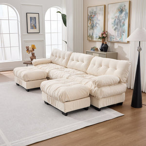 English Elm U Shaped Modular Cloud Sectional Deep Seat Flannelette Sofa with Rounded Bolster Armrests Beige W2120S00041