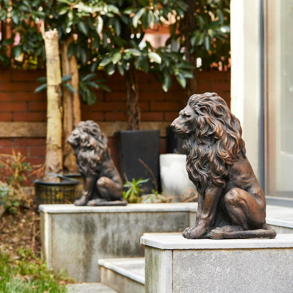 English Elm 20.5" Matte Resin Lion Sculpture Hand Carved Guardian Statue for Garden or Entryway Brown W5709P490972