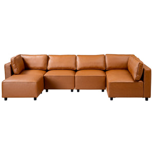 English Elm Ashcroft Furniture - Reno Modular Sofa in Cognac Vegan Leather — Versatile L/U Configurations, Plush Foam Comfort, Low-Profile Chic B183S00132