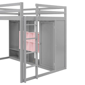 English Elm Twin Loft Bed with Wardrobe Shelves and Cabinet Kids Bedroom Wood Storage Frame Pink+Grey N708S00024E