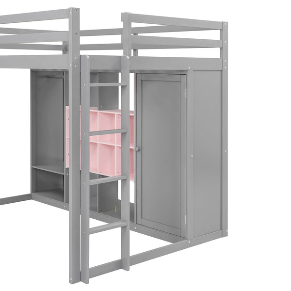 English Elm Twin Loft Bed with Wardrobe Shelves and Cabinet Kids Bedroom Wood Storage Frame Pink+Grey N708S00024E