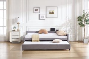 English Elm Upholstered Velvet Daybed with Pull Out Trundle Diamond Tufted Guest Bedroom Sofa Grey W1361S00067