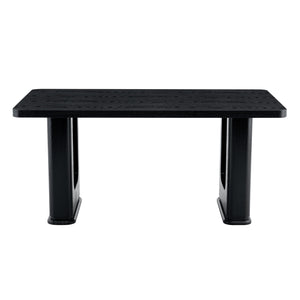 English Elm 64.5 Inch Black Wood Grain Textured Dining Table with Gray Glass Inlay, Robust 1.7" MDF Top, Sleek Design W1151S04297