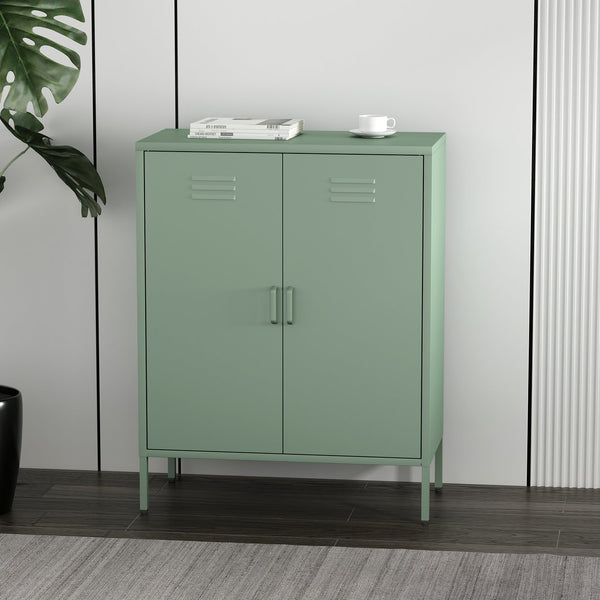 English Elm Naomi Metal Accent Cabinet 32" — Ventilated Double-Door Steel Storage with Adjustable Shelves, Modern Stability Sage Green B365P397887