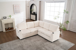 English Elm Sectional Corduroy Sleeper Sofa with Storage and Charging Ports for Small Spaces White W1361S00075