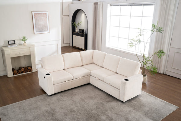 English Elm Sectional Corduroy Sleeper Sofa with Storage and Charging Ports for Small Spaces White W1361S00075