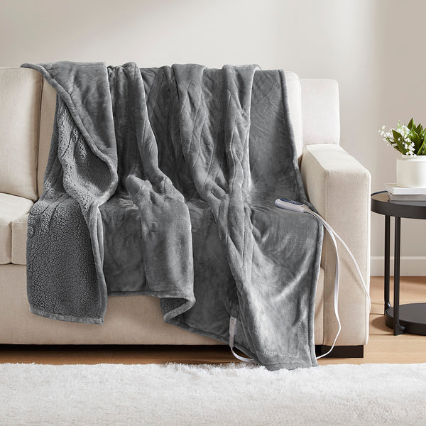 JLA Home Beautyrest - Throw Beautyrest Oversized Heated Microlight to Berber Reversible Throw with Secure Comfort Tech, Low EMF, 5-Year Warranty BR54-0415