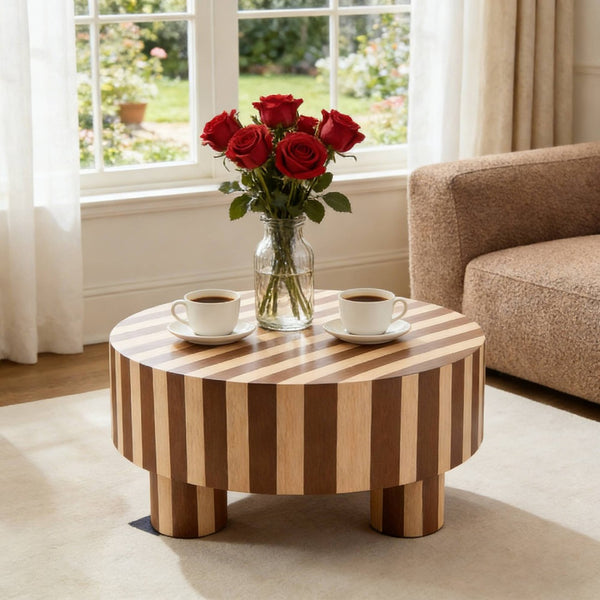 English Elm Round Red Oak Veneer Coffee Table Low Profile Two Tone Striped Modern Living Room Natural,Walnut,White Oak W2085P384774