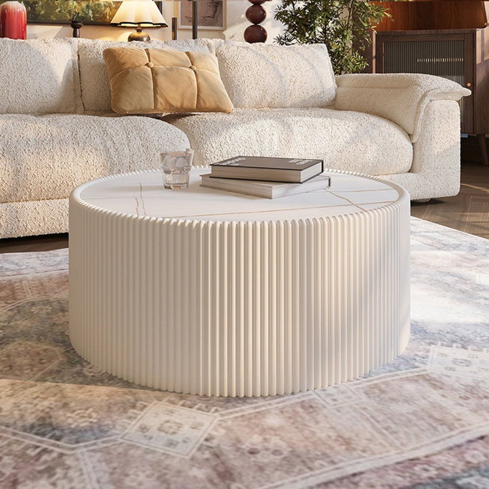 English Elm Light Sintered Stone Pu Leather Drum Coffee Table with Unique Gold Veining W3081P367602